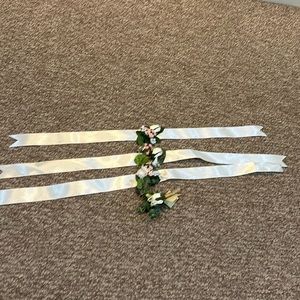 Wedding flowers.  One boutonnière and 3 wrist corsages, hand made